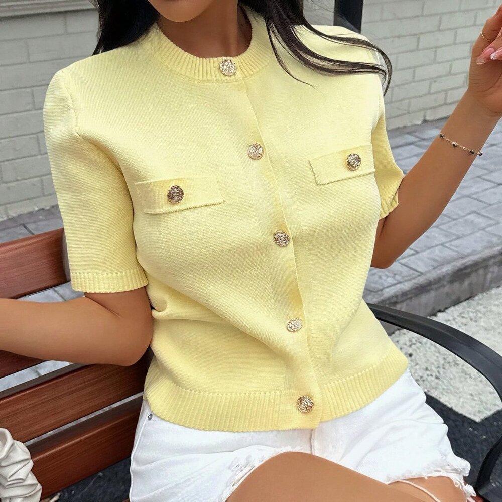 Yellow Casual Women's Minimalist Versatile Short Sleeve Knit Top - Picture 3 of 11